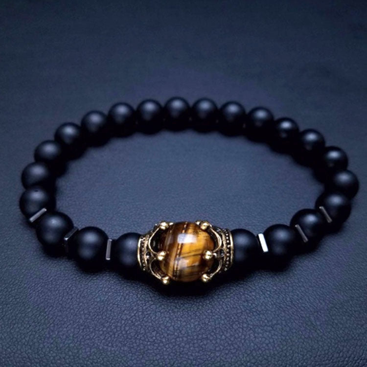 Men's Listed Charm Fashion Crown Tigereye Beaded Bracelet