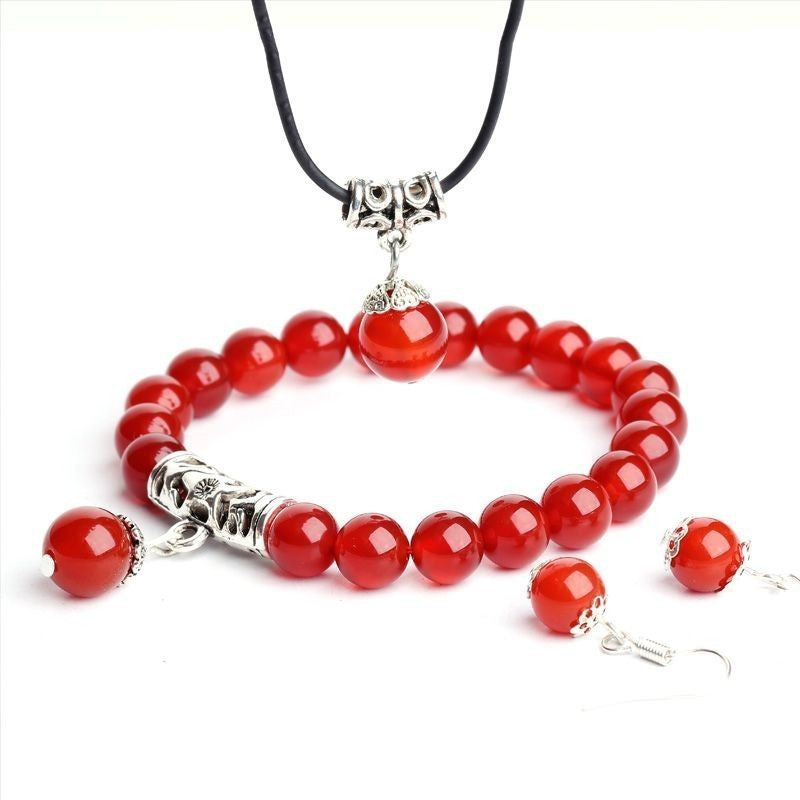 Three-piece Suit Crystal Red Green Agate Ear Lady Bracelets