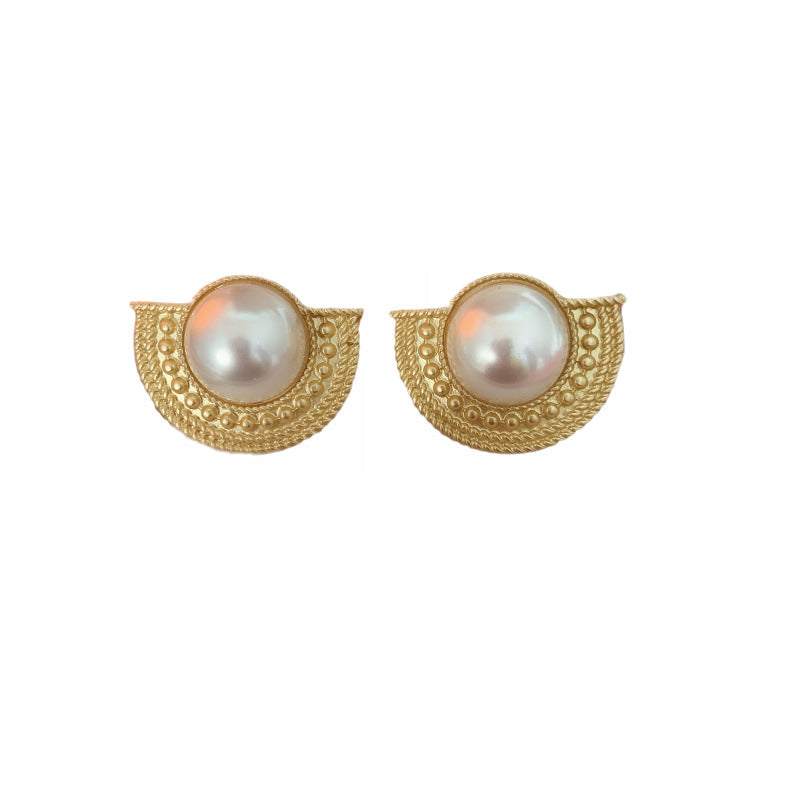Women's Vintage Court Style Baroque Round Pearl Sier Needle Ear Clip Stud Earrings