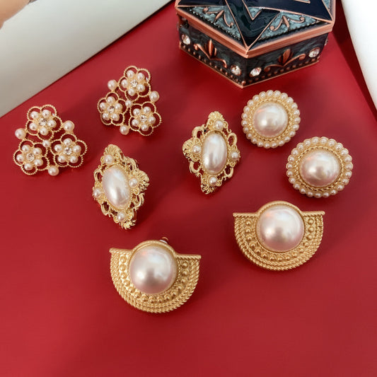 Women's Vintage Court Style Baroque Round Pearl Sier Needle Ear Clip Stud Earrings