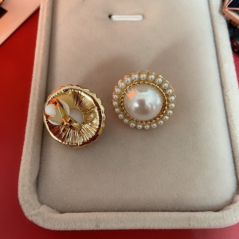 Women's Vintage Court Style Baroque Round Pearl Sier Needle Ear Clip Stud Earrings