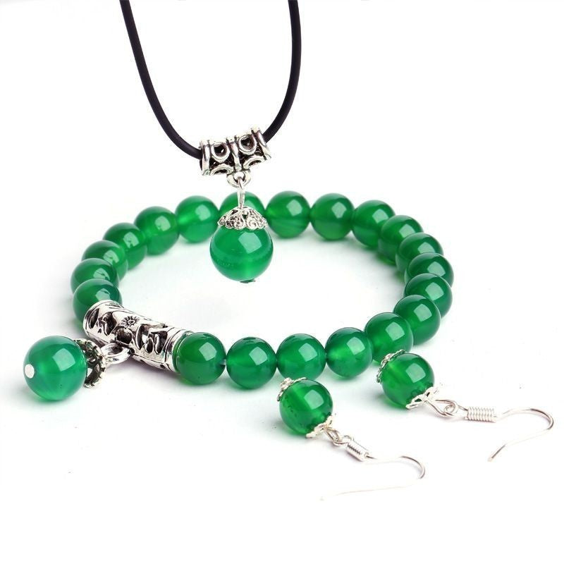 Three-piece Suit Crystal Red Green Agate Ear Lady Bracelets