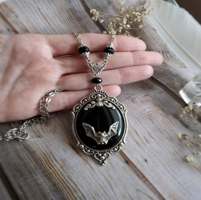 Halloween Personalized Animal Bat Black Onyx Necklace