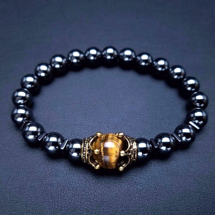 Men's Listed Charm Fashion Crown Tigereye Beaded Bracelet