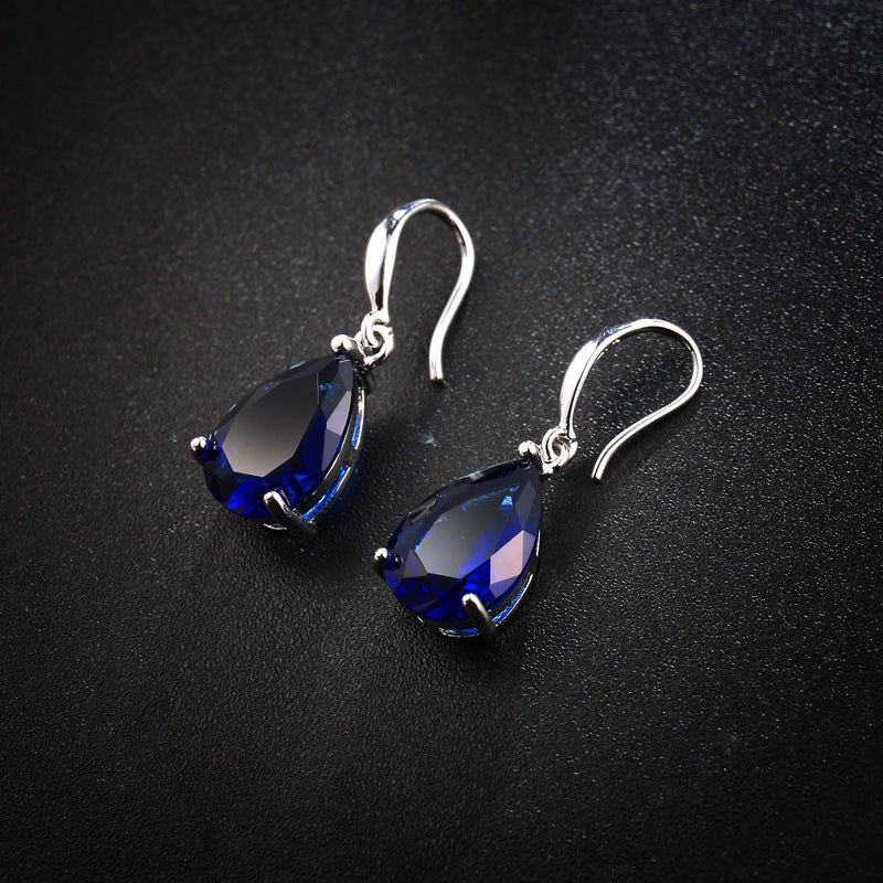Women's Sapphire Blue Drop-shaped Zircon Ear Hook Rings