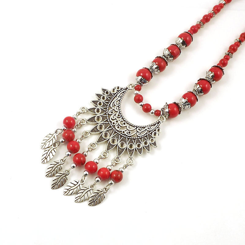 Retro Ethnic Style Crescent Leaf Tassel Forehead Exotic Necklace