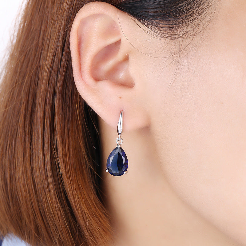 Women's Sapphire Blue Drop-shaped Zircon Ear Hook Rings