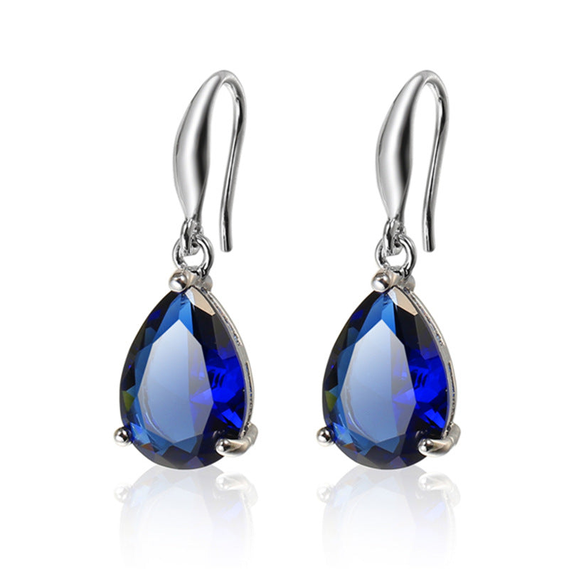 Women's Sapphire Blue Drop-shaped Zircon Ear Hook Rings