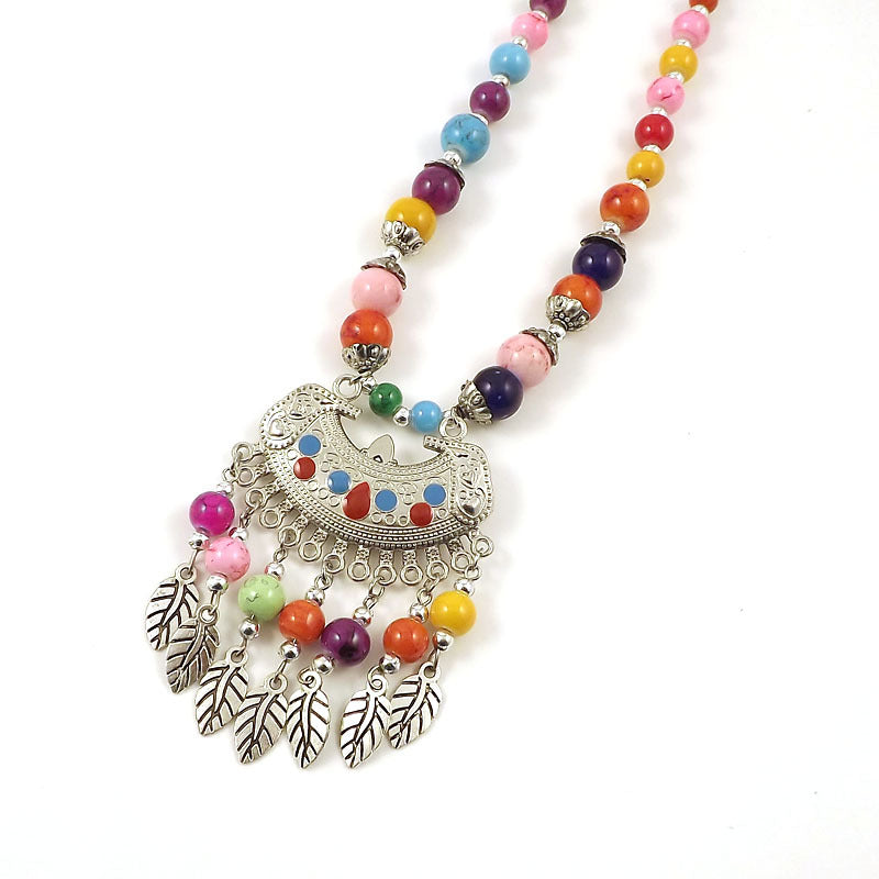 Retro Ethnic Style Crescent Leaf Tassel Forehead Exotic Necklace