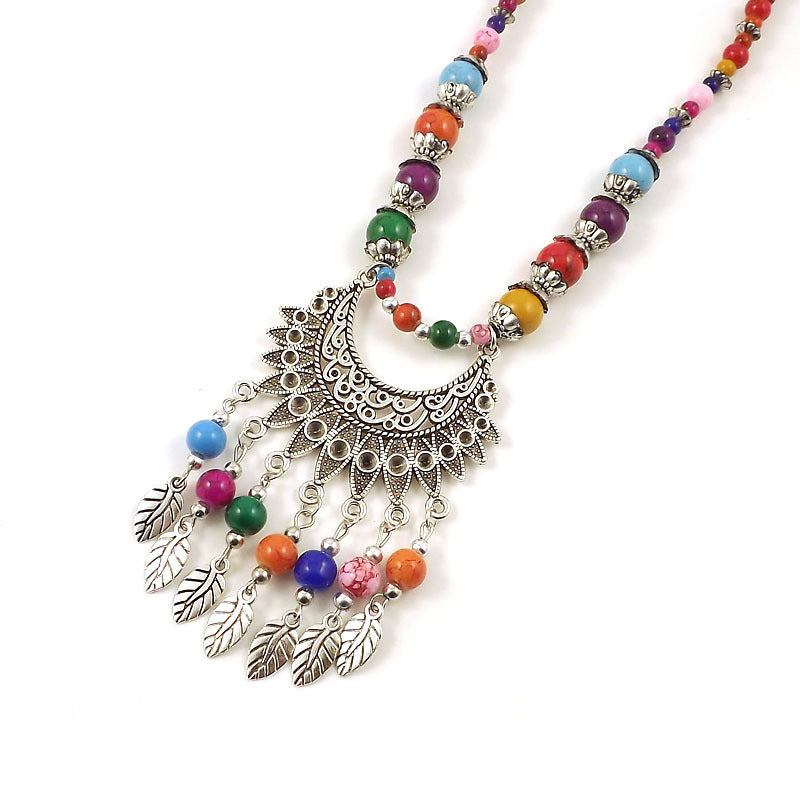 Retro Ethnic Style Crescent Leaf Tassel Forehead Exotic Necklace