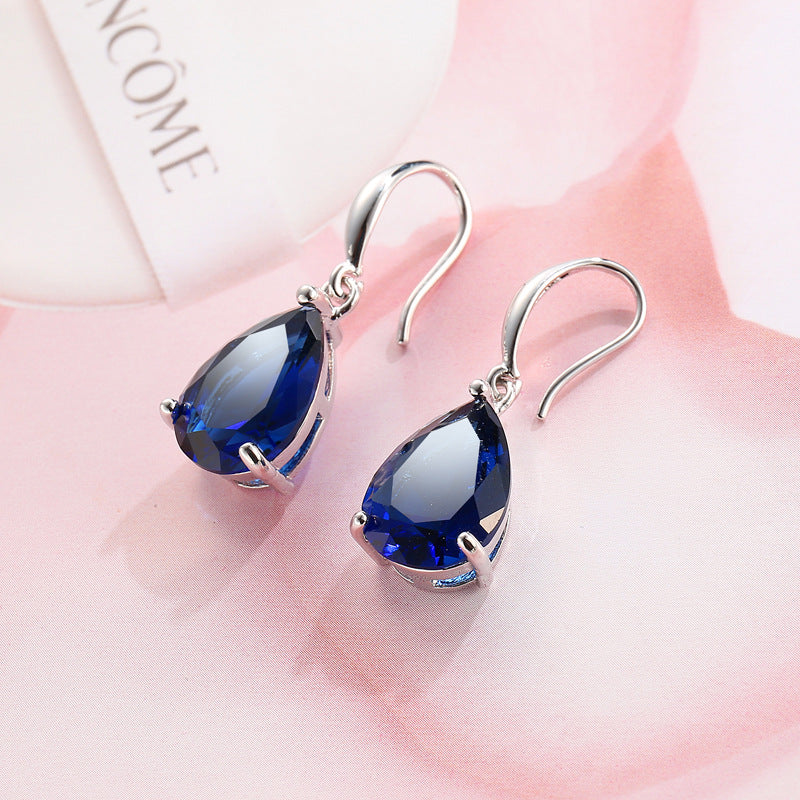 Women's Sapphire Blue Drop-shaped Zircon Ear Hook Rings