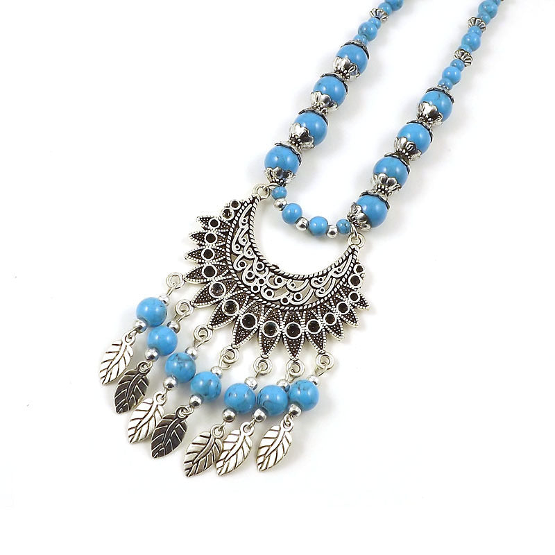 Retro Ethnic Style Crescent Leaf Tassel Forehead Exotic Necklace