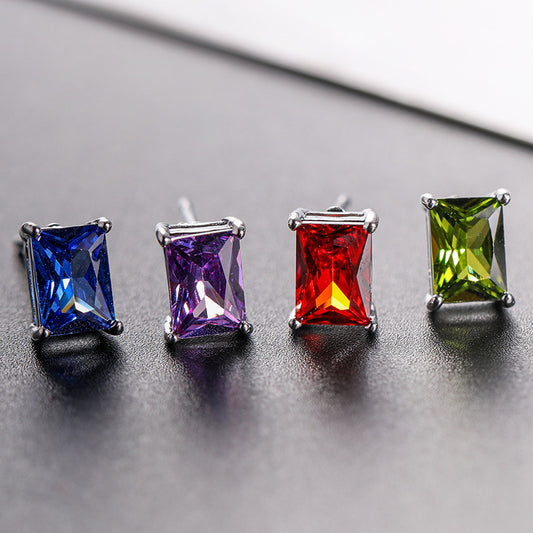 Color Zircon Korean Style Fashion Popular Rectangular Stud Earrings
