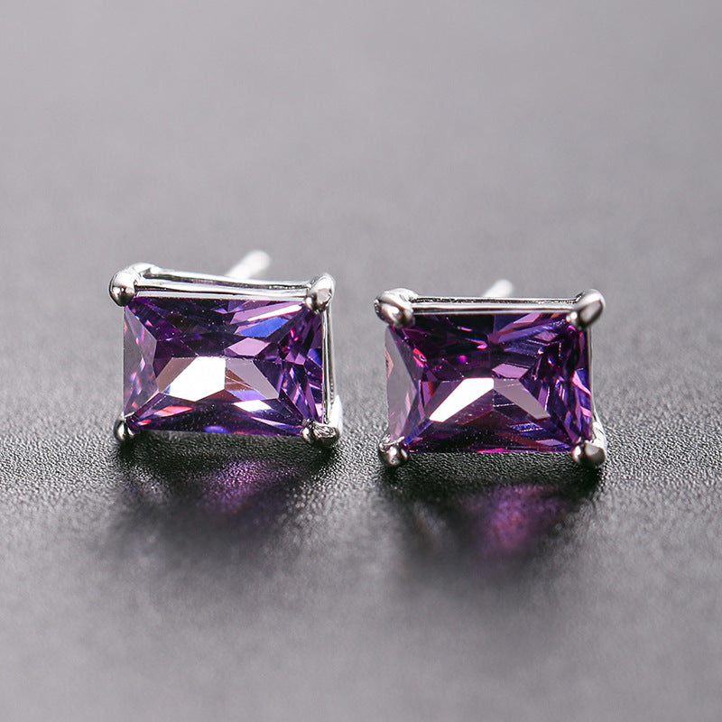 Color Zircon Korean Style Fashion Popular Rectangular Stud Earrings