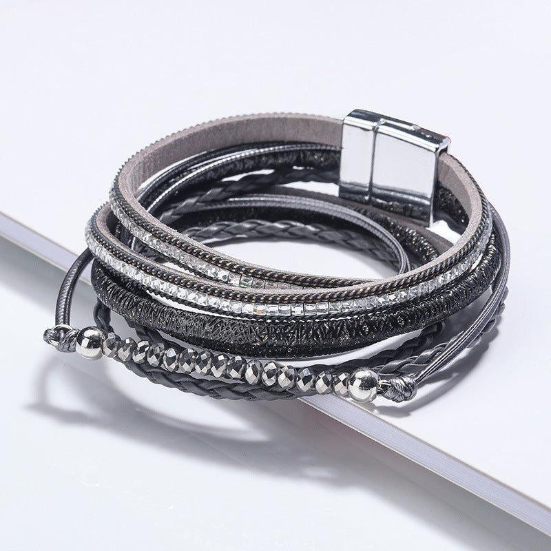 Women's Long Square Diamond Bead Magnetic Buckle Woven Bracelets