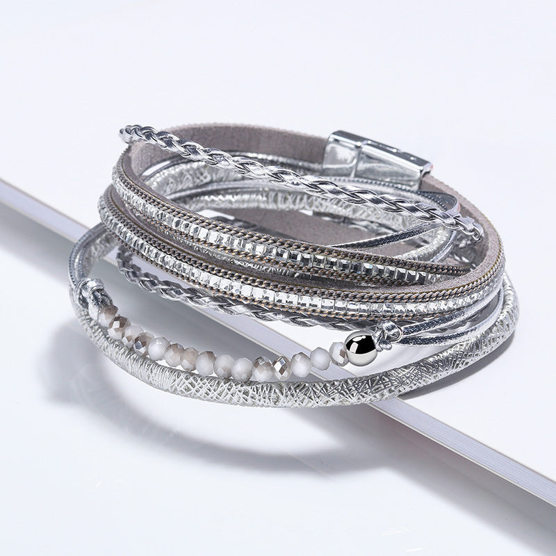 Women's Long Square Diamond Bead Magnetic Buckle Woven Bracelets