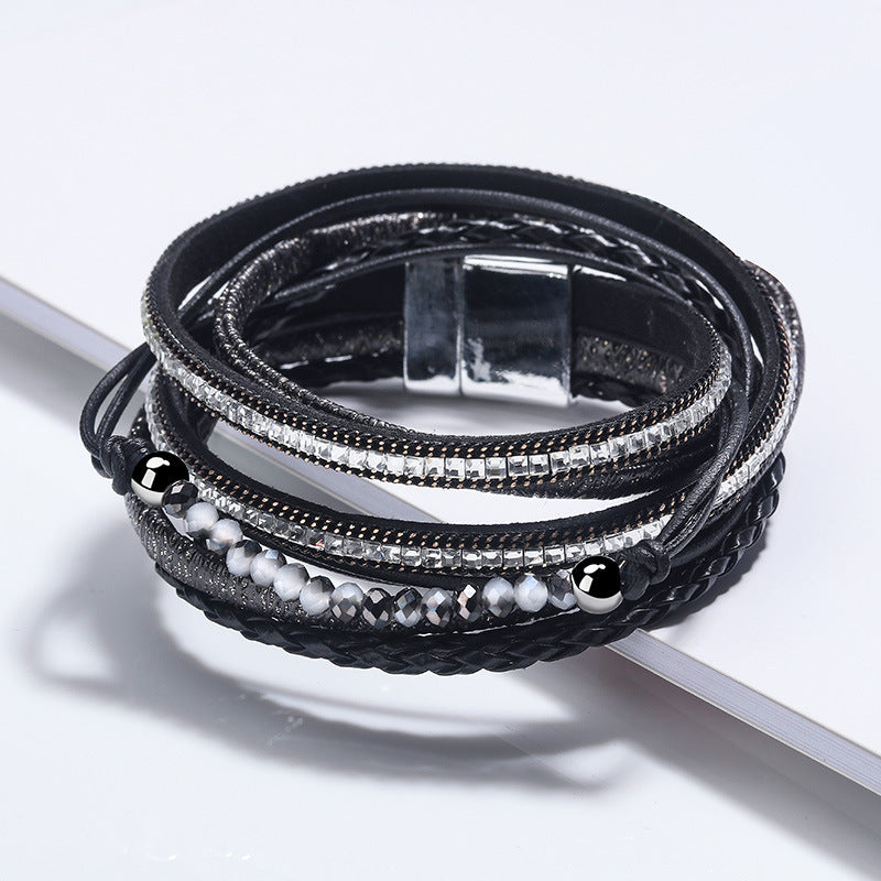 Women's Long Square Diamond Bead Magnetic Buckle Woven Bracelets