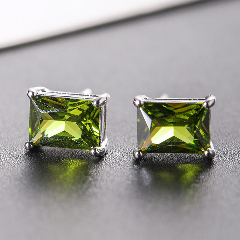 Color Zircon Korean Style Fashion Popular Rectangular Stud Earrings