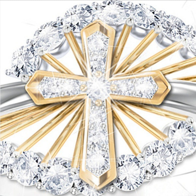 Women's Two-tone Fashion Diamond Cross Engagement Wedding Christmas Ring