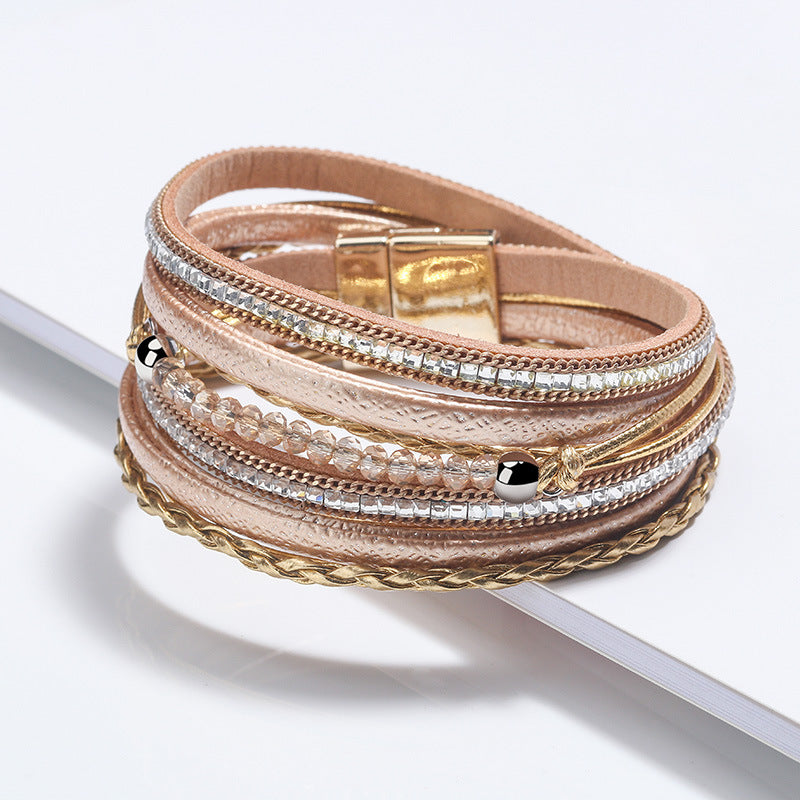 Women's Long Square Diamond Bead Magnetic Buckle Woven Bracelets