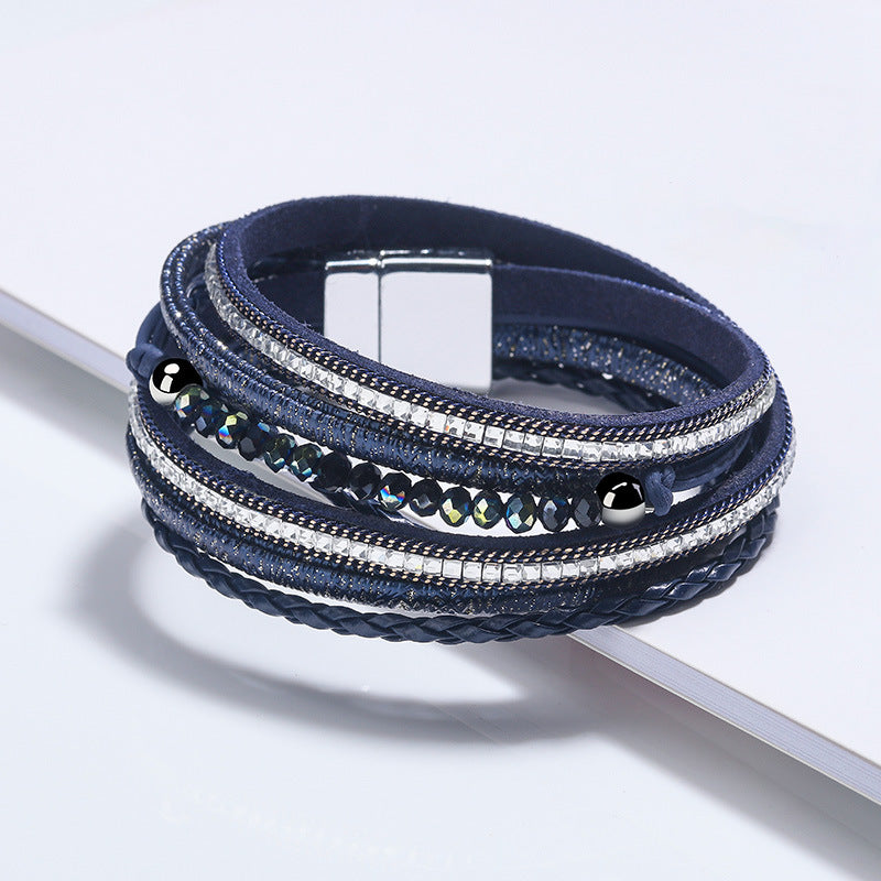 Women's Long Square Diamond Bead Magnetic Buckle Woven Bracelets