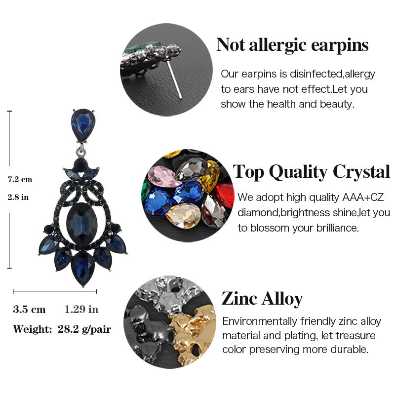 Women's Exaggerated Ink Blue Crystal High-grade Rhinestone Retro Earrings