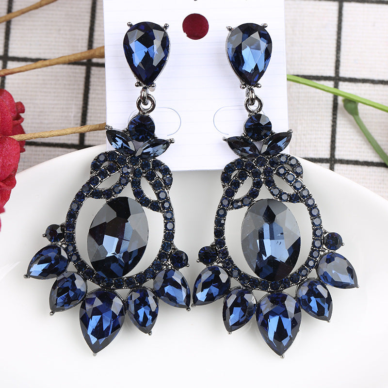 Women's Exaggerated Ink Blue Crystal High-grade Rhinestone Retro Earrings