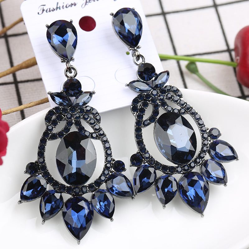 Women's Exaggerated Ink Blue Crystal High-grade Rhinestone Retro Earrings