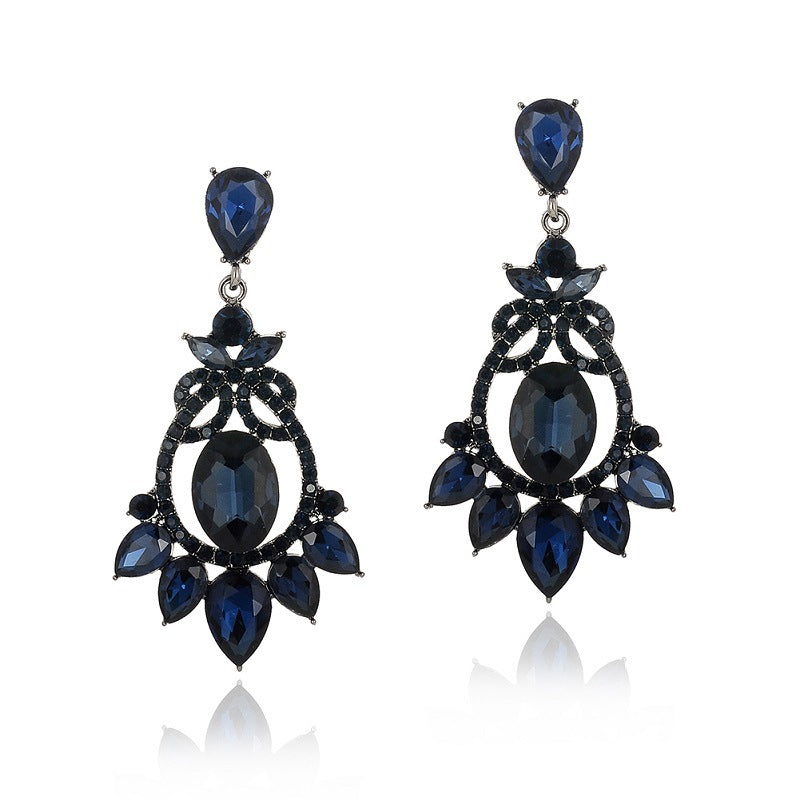 Women's Exaggerated Ink Blue Crystal High-grade Rhinestone Retro Earrings