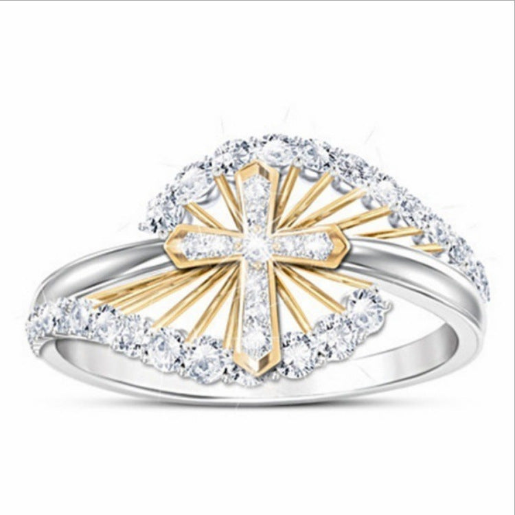 Women's Two-tone Fashion Diamond Cross Engagement Wedding Christmas Ring