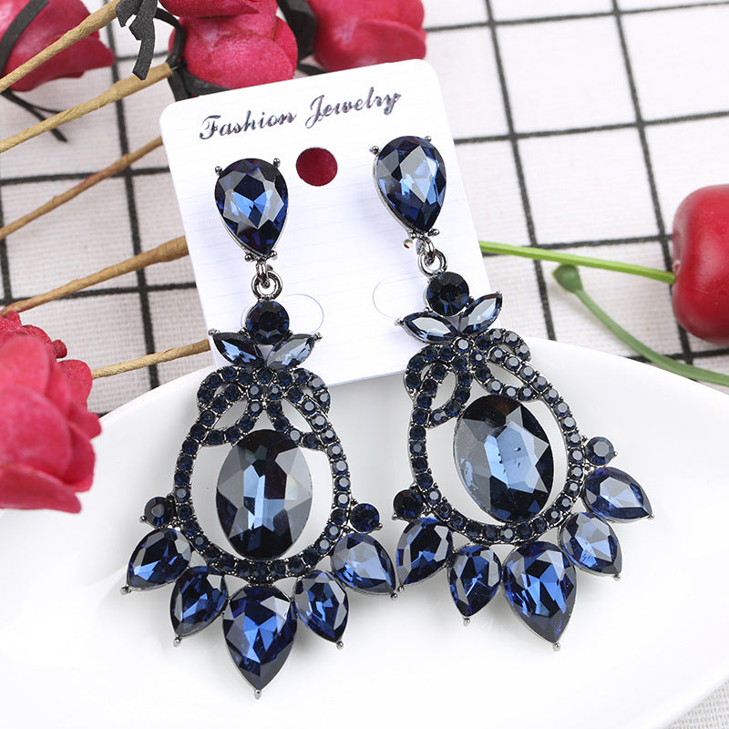 Women's Exaggerated Ink Blue Crystal High-grade Rhinestone Retro Earrings