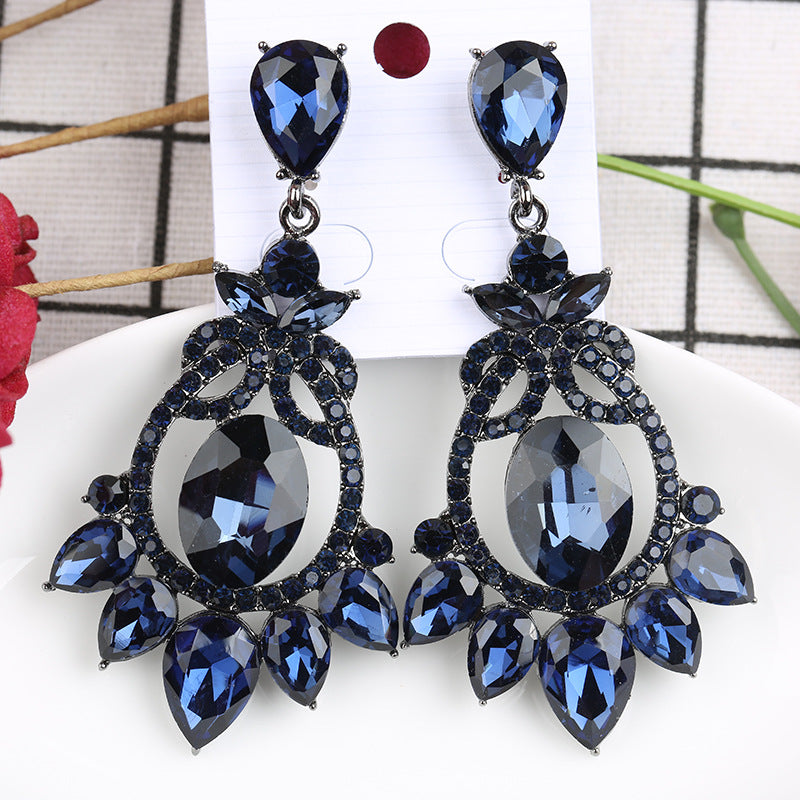 Women's Exaggerated Ink Blue Crystal High-grade Rhinestone Retro Earrings