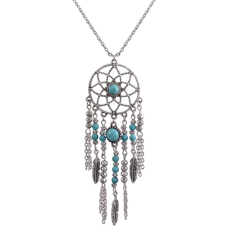 Style Feather Turquoise Metal Leaf Tassel Long Necklaces