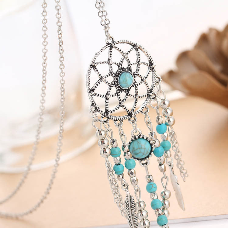 Style Feather Turquoise Metal Leaf Tassel Long Necklaces