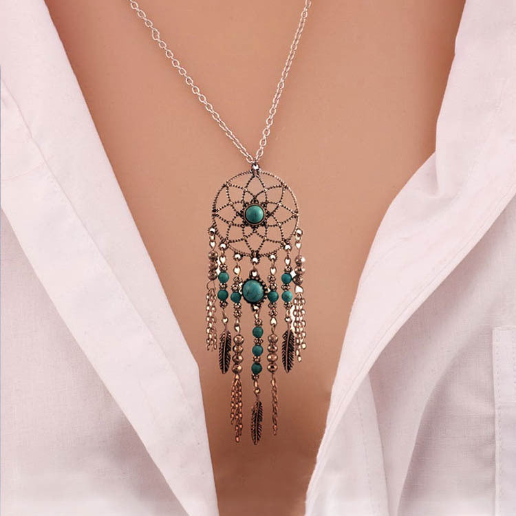 Style Feather Turquoise Metal Leaf Tassel Long Necklaces