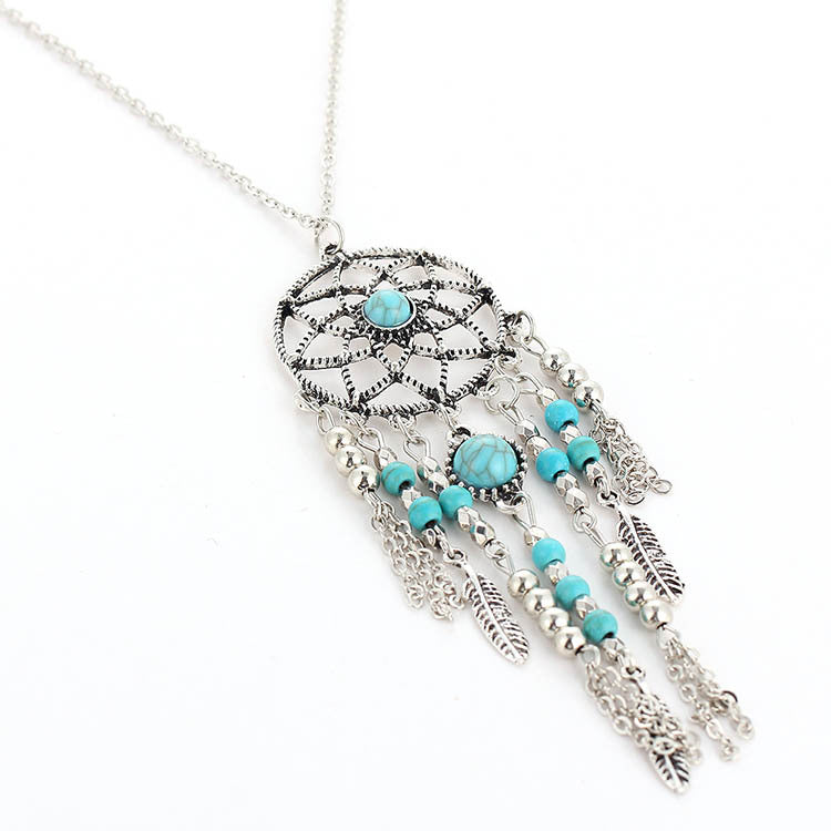 Style Feather Turquoise Metal Leaf Tassel Long Necklaces