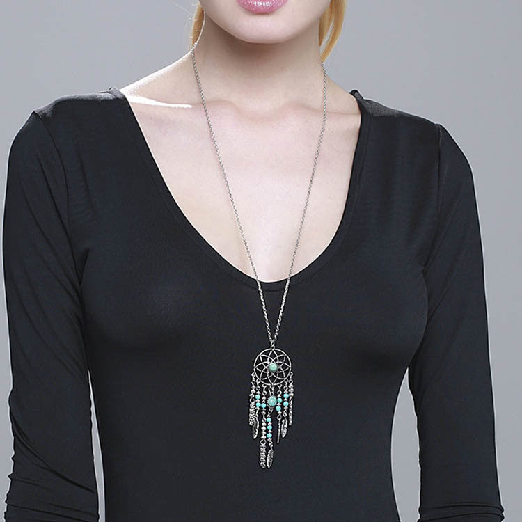 Style Feather Turquoise Metal Leaf Tassel Long Necklaces