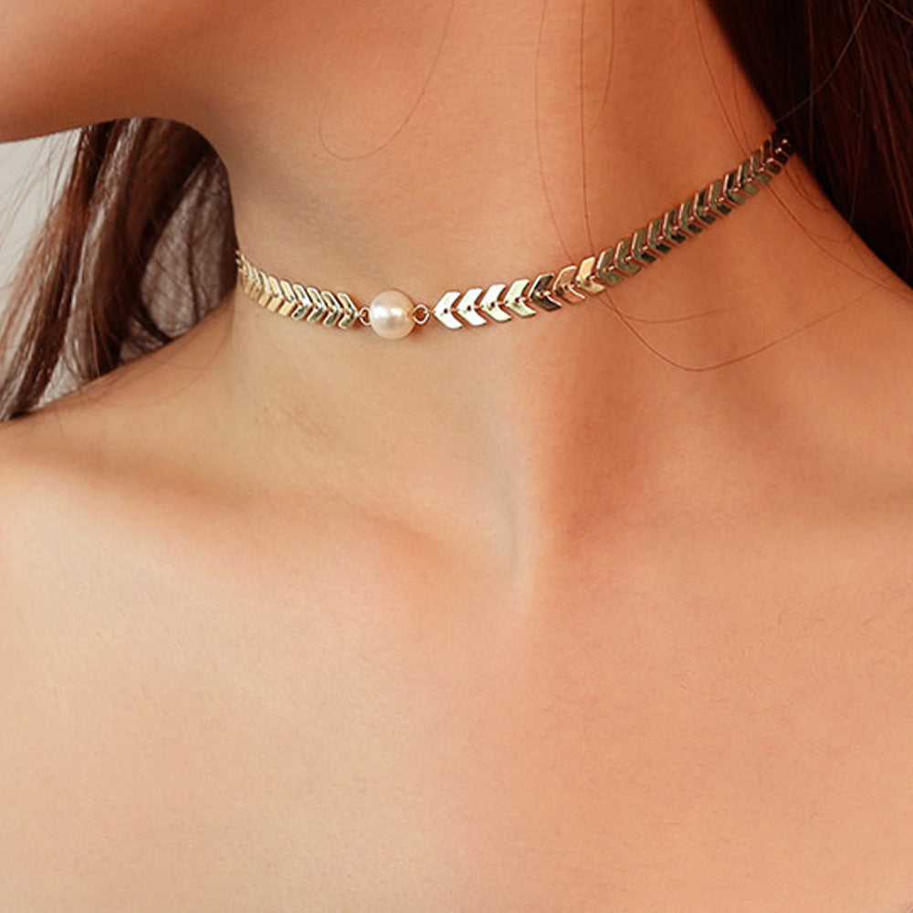 Personality Simple Trendy Fishbone Pearl Clavicle Pendants
