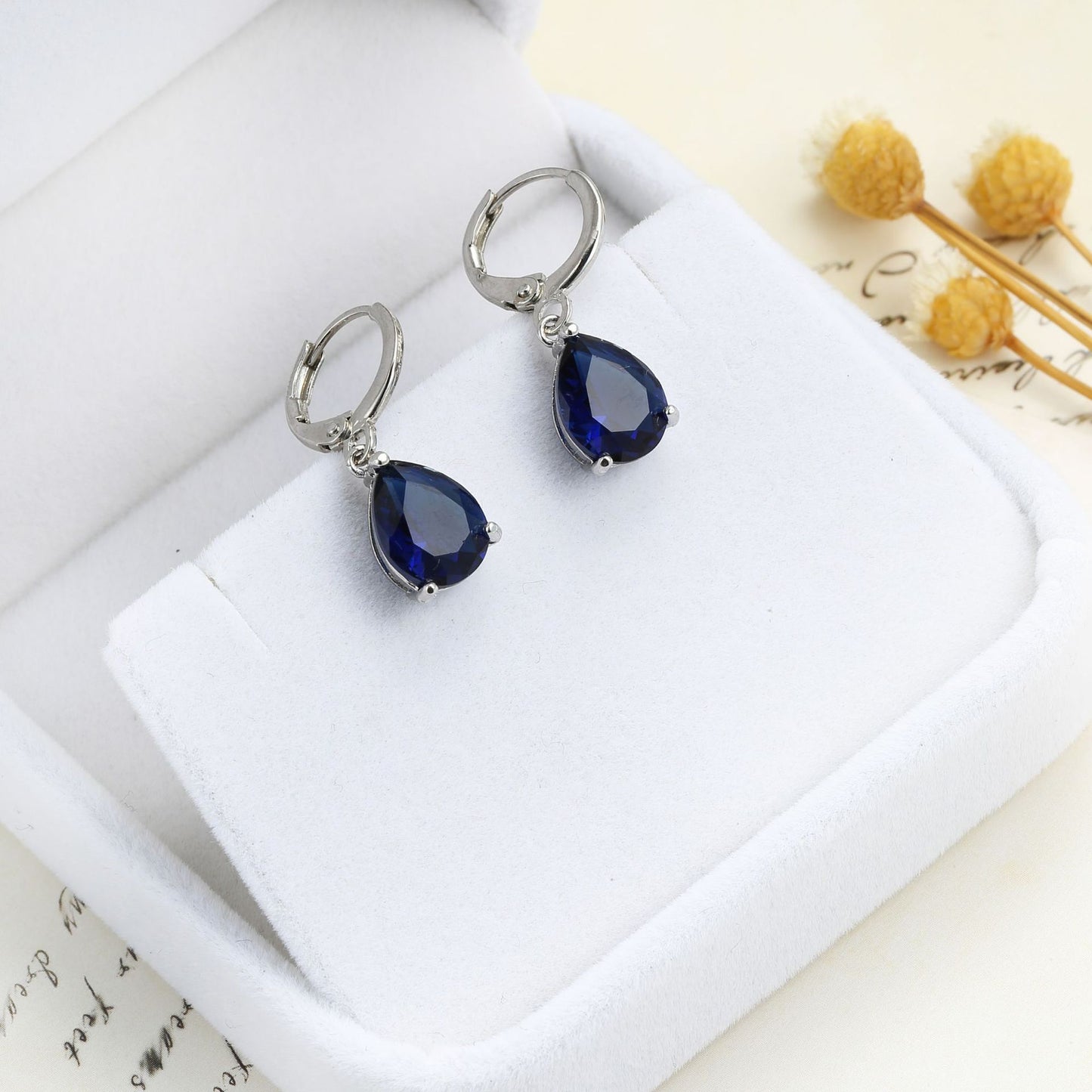 Women's Sapphire Blue Drop-shaped Zircon Ear Hook Rings