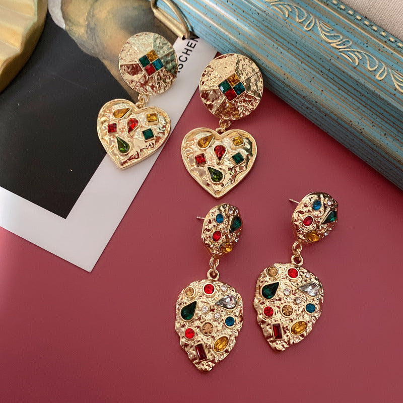 Court Sier Colored Gems Embossed Gold Simple Eardrops Ear Stud Earrings