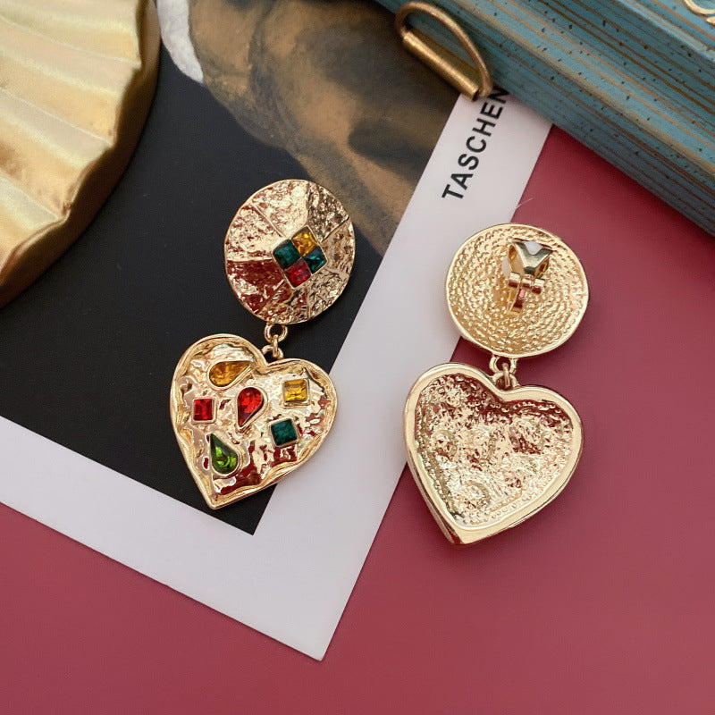 Court Sier Colored Gems Embossed Gold Simple Eardrops Ear Stud Earrings