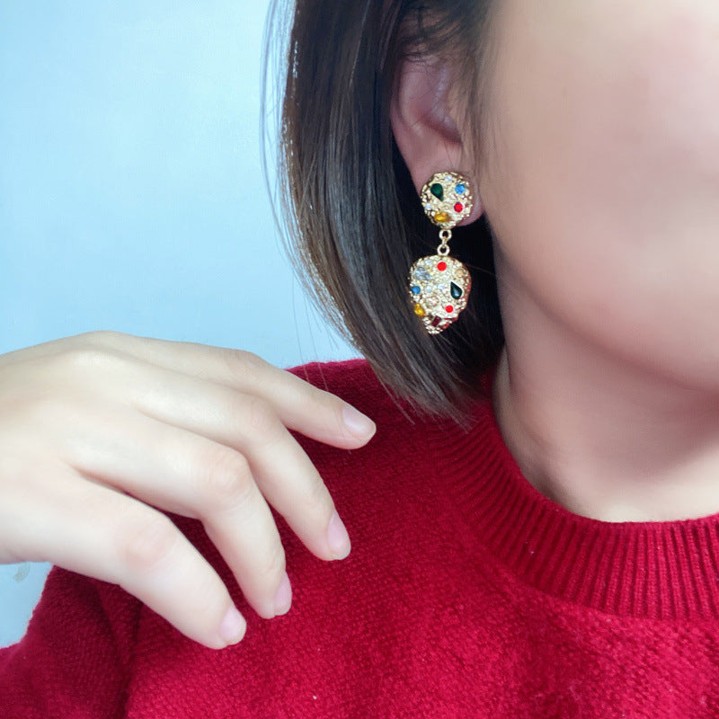 Court Sier Colored Gems Embossed Gold Simple Eardrops Ear Stud Earrings