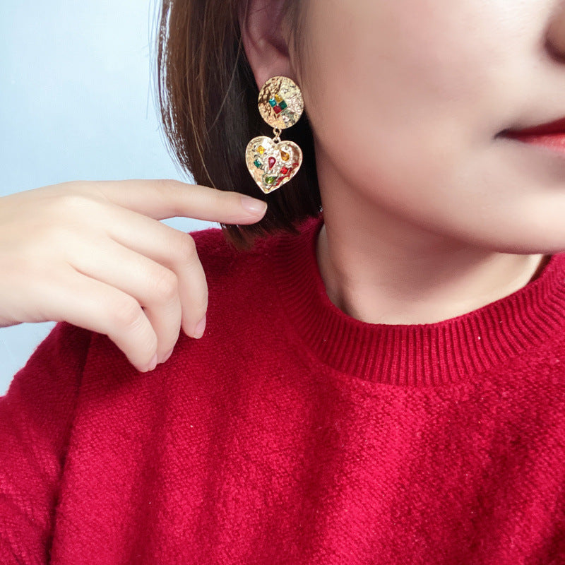 Court Sier Colored Gems Embossed Gold Simple Eardrops Ear Stud Earrings