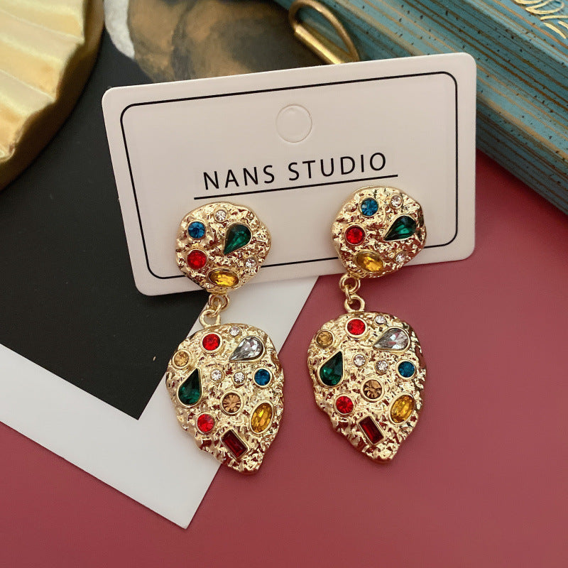Court Sier Colored Gems Embossed Gold Simple Eardrops Ear Stud Earrings