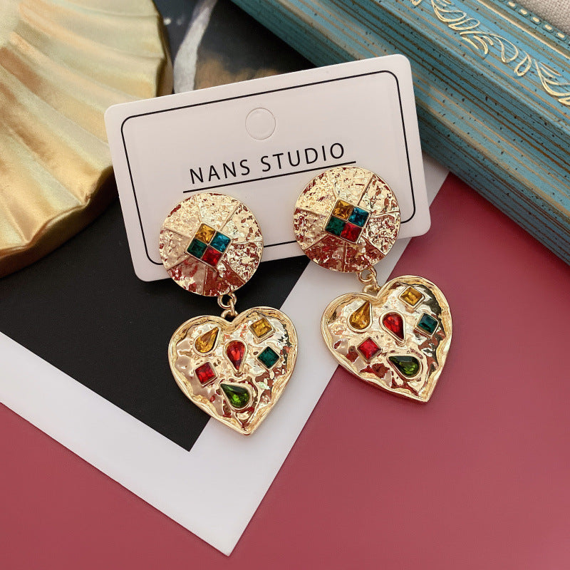 Court Sier Colored Gems Embossed Gold Simple Eardrops Ear Stud Earrings