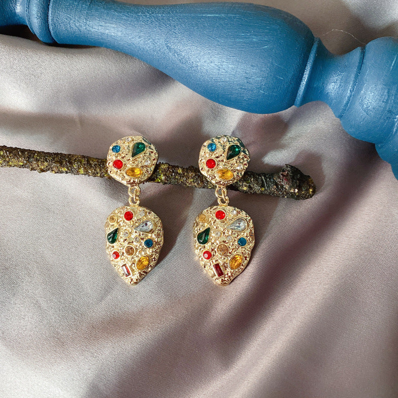 Court Sier Colored Gems Embossed Gold Simple Eardrops Ear Stud Earrings