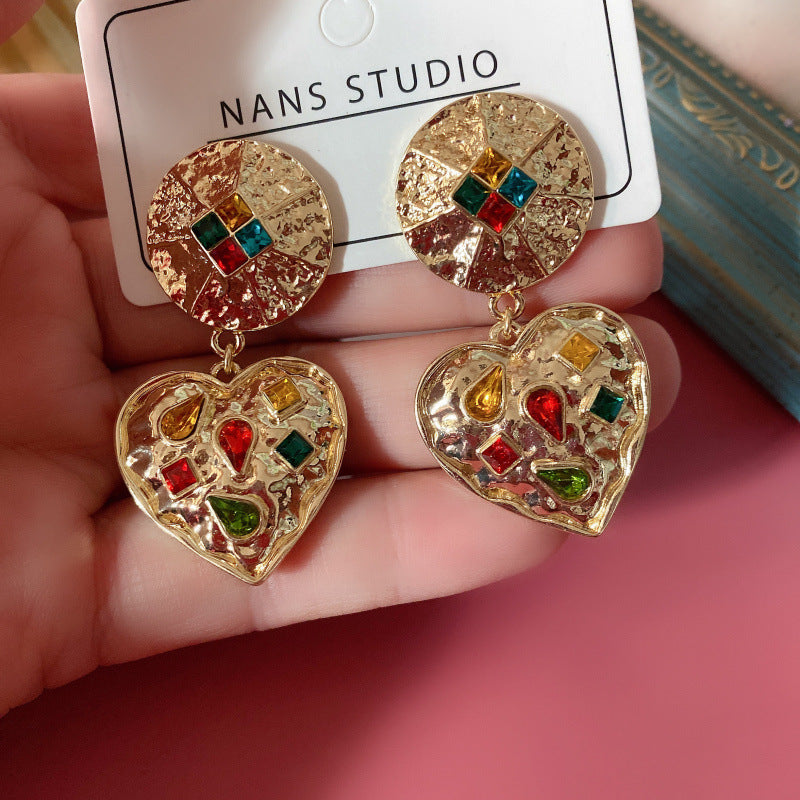 Court Sier Colored Gems Embossed Gold Simple Eardrops Ear Stud Earrings
