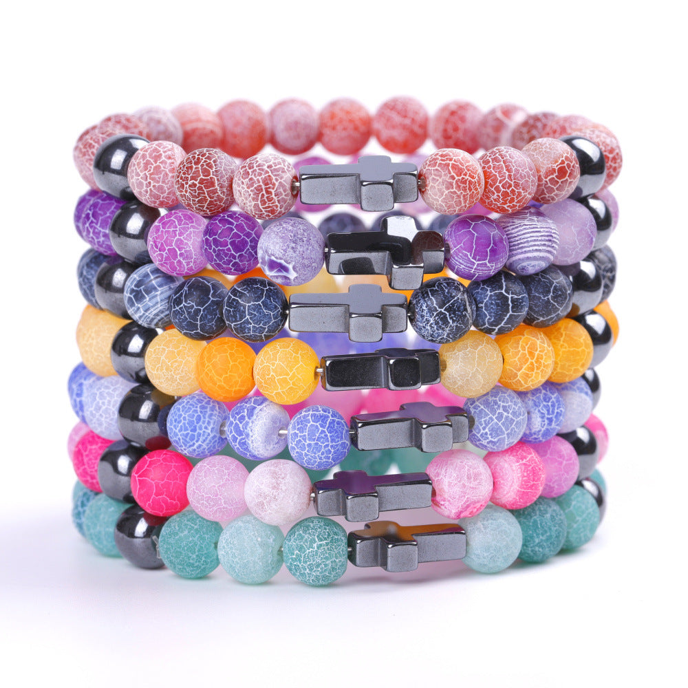 Blue Colorful Weathered Agate Couple Stretch Bracelets