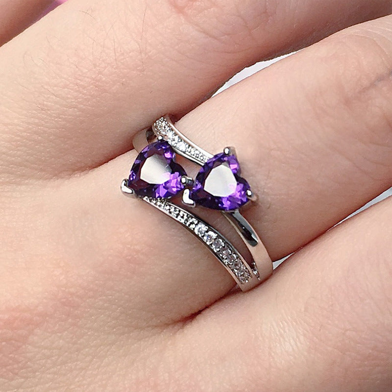 Women's Zircon For Double Heart-shaped Multicolor Gemstone White Gold Plated Copper Ring