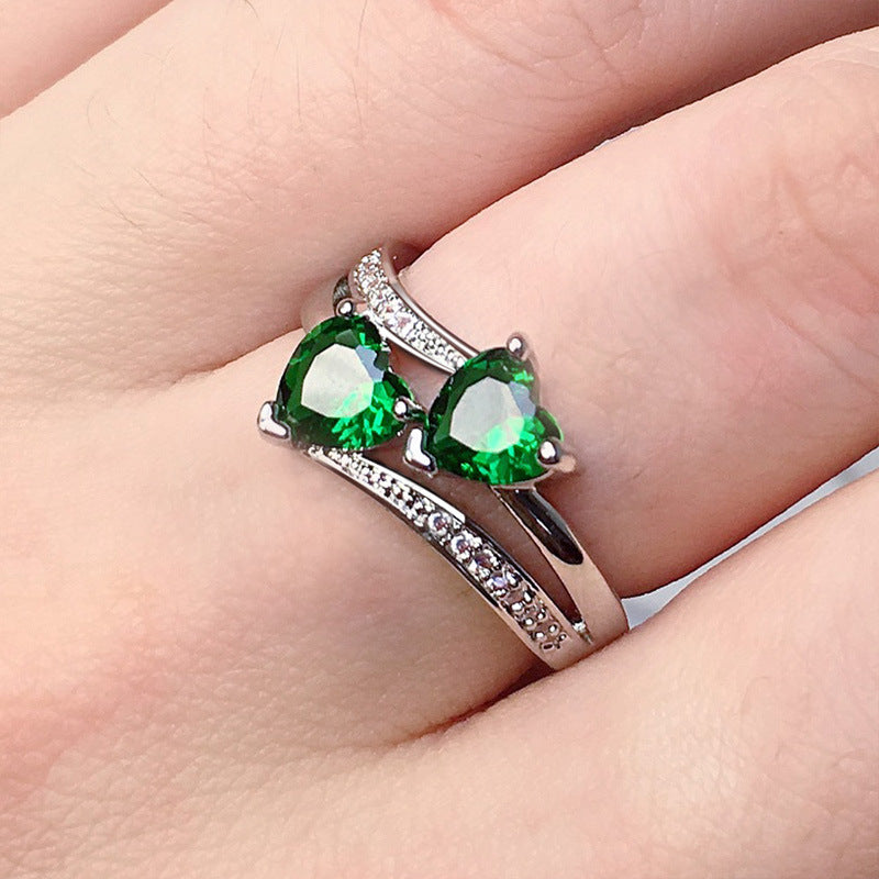 Women's Zircon For Double Heart-shaped Multicolor Gemstone White Gold Plated Copper Ring